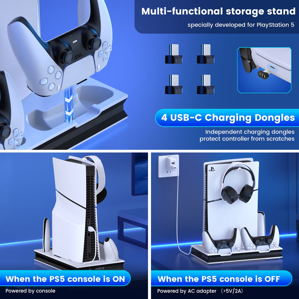 PS5 Cooling Fan Stand, All-In-One Charger Station with Dual Turbo Fan & Dual Controller Charging Dock, for PS5 Pro, Slim, Disc & Digital Edition