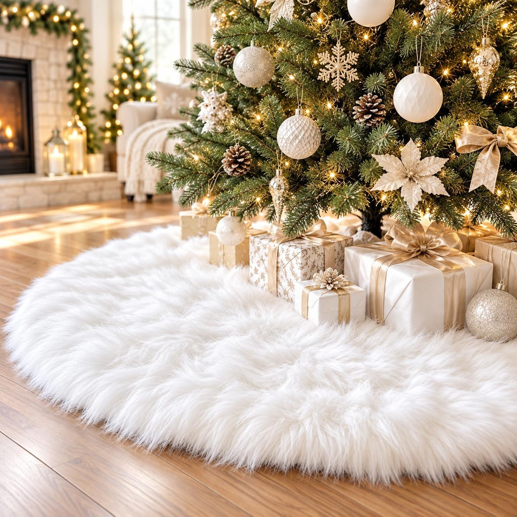 48 Inch White Faux Fur Christmas Tree Skirt, Luxury Plush Tree Base Cover for Holiday Party and Home Christmas Decor