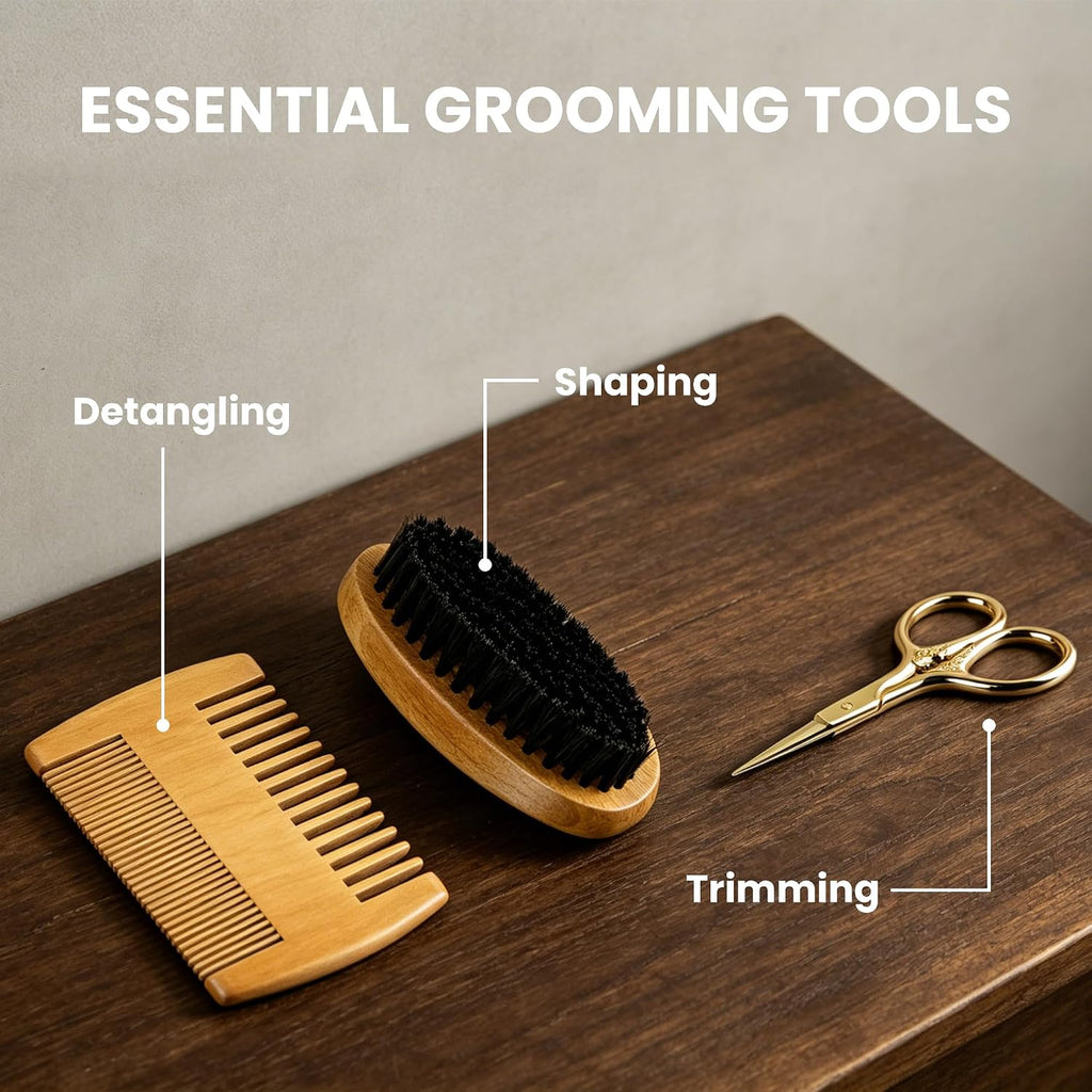 Beard Grooming Kit for Black Men W/ Beard Oil, Balm, Brush, Comb & Scissors