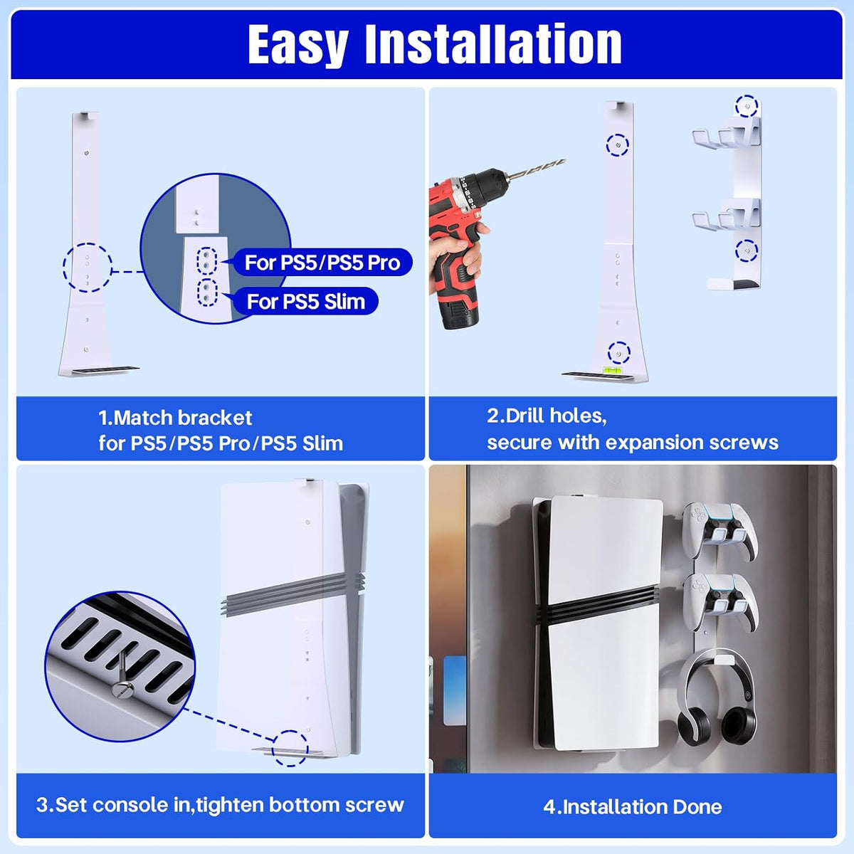 Wall Mount for PS5/PS5 Slim/Ps5 Pro Console-, Sturdy Metal Bracket Compatible with All Playstation 5 Models(Digital and Disc),+1Controller Headphone Holder, Sturdy and Not Fall Off,White