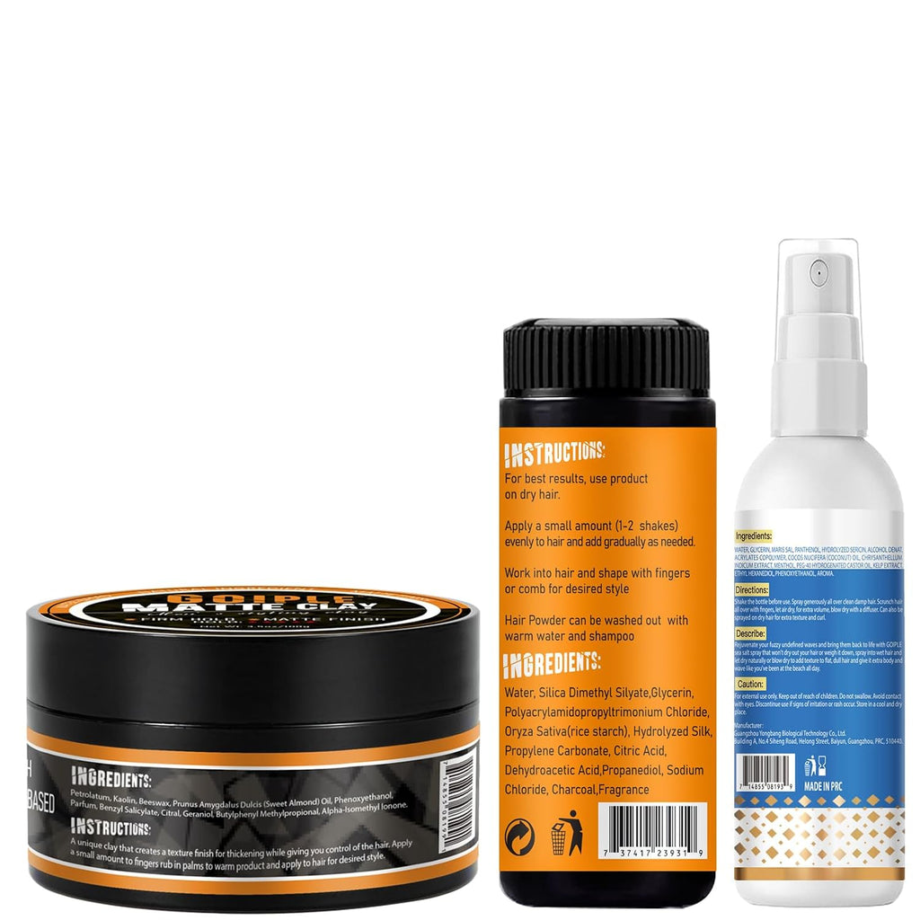Matte Clay Firm Hold Hair Clay for Men Water Based & Hair Styling Powder for Natural Finish Volumizing & Texturizing Hair Powder & Sea Salt Spray for All Hair Adds Instant Thickness Light Hold (3PCS)