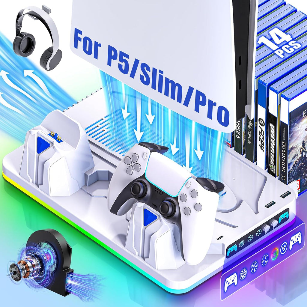 Ps5/Slim/Pro Cooling Stand for Disc&Digital with Dual Controller Charging, Multi-Function P5 Accessories 3-Level Cooling Fan, 9 Lighting Modes with Games Storage Slot, White