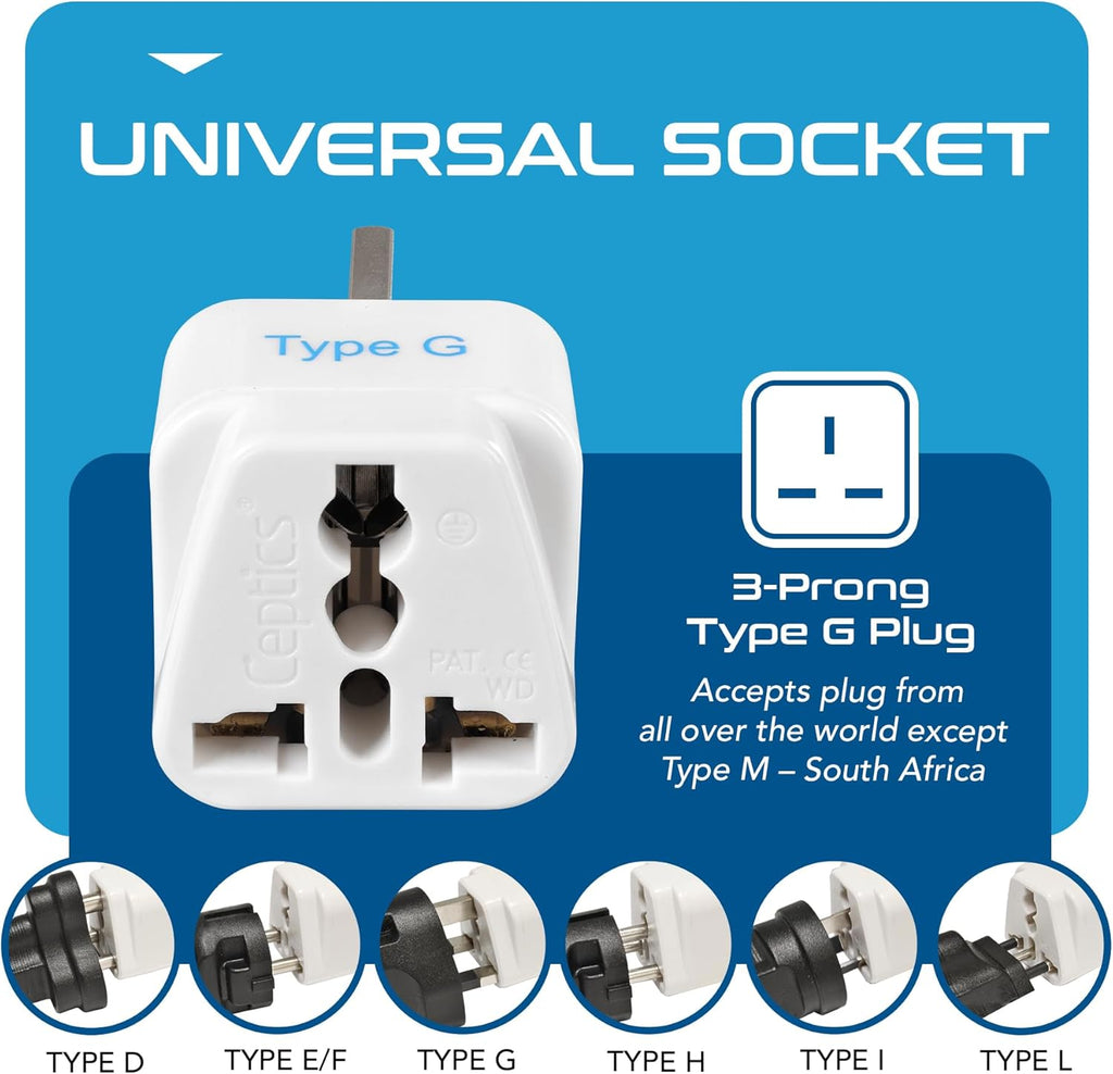 UK Adapters for Travel - Type G, Grounded, Universal Input, 3 Pack