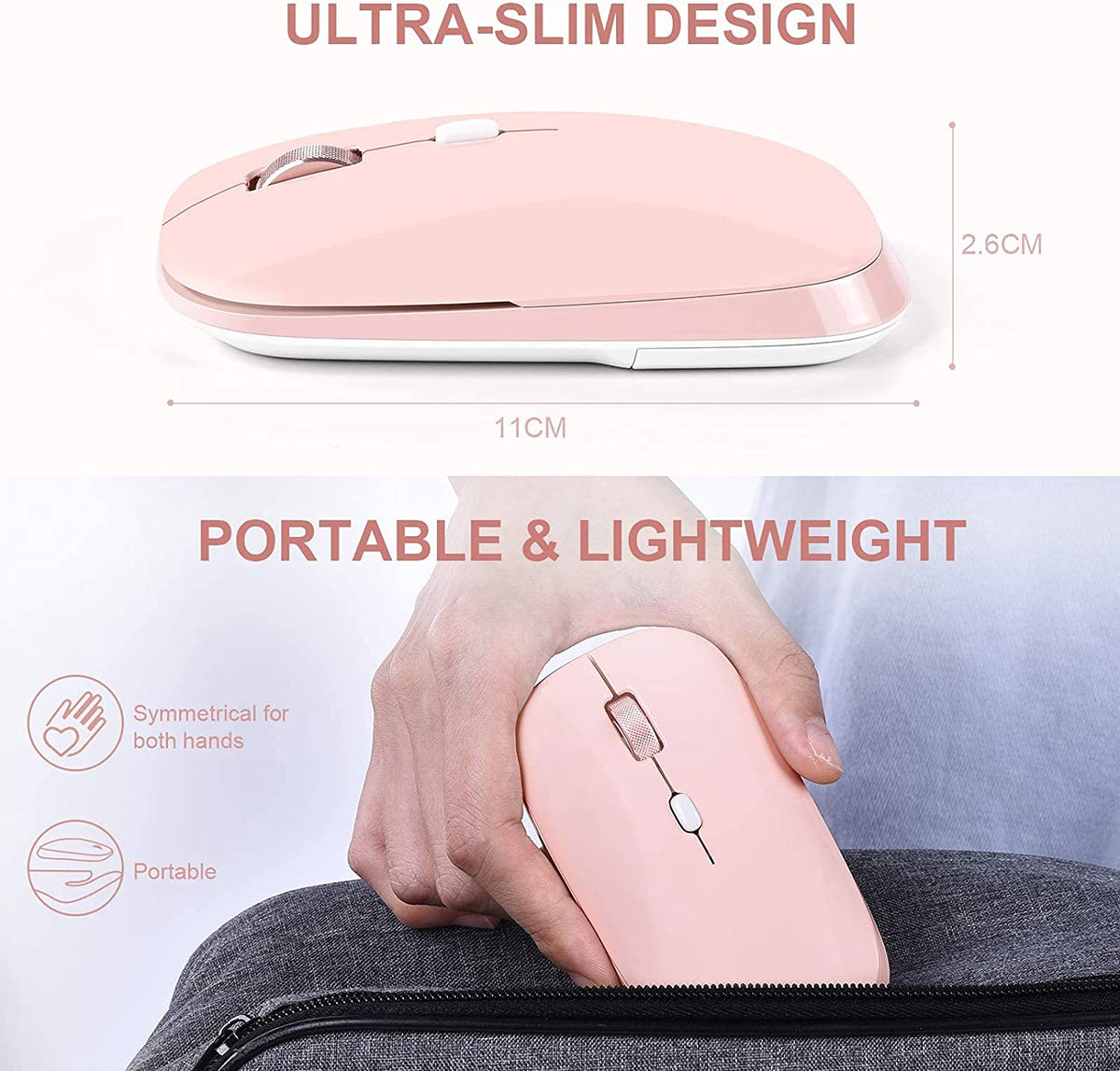 Wireless Flat Mouse, 2.4G Optical Mouse for Laptop, PC, Chromebook, Notebook, Especially Designed for Computer Bags (Pink)