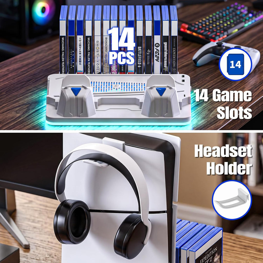 Ps5/Slim/Pro Cooling Stand for Disc&Digital with Dual Controller Charging, Multi-Function P5 Accessories 3-Level Cooling Fan, 9 Lighting Modes with Games Storage Slot, White