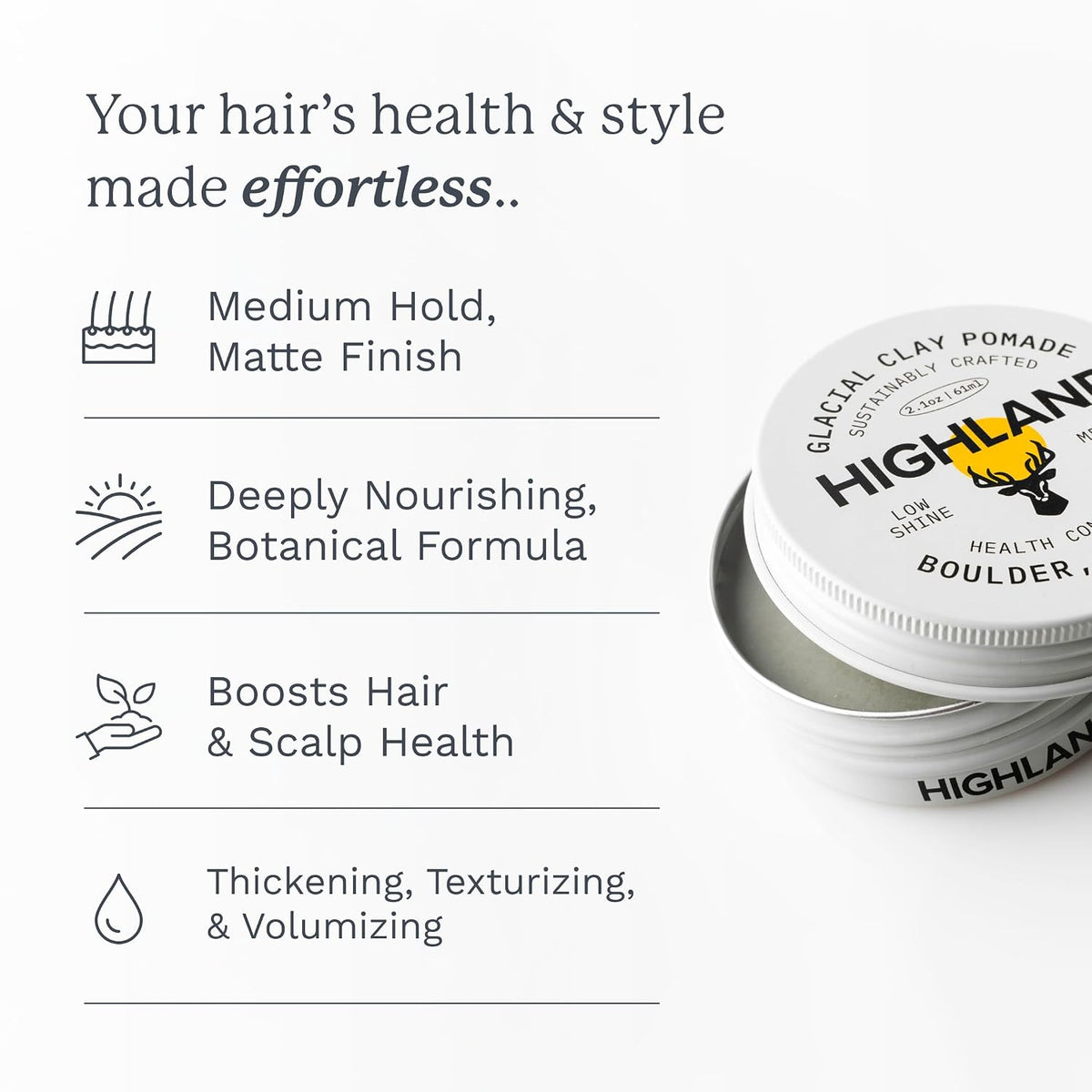 Glacial Hair Clay Pomade - Award Winning Hair Styling Clay for Men and Women Made with 100% All Natural and Organic Ingredients That Promote Hair and Scalp Health. Low Shine, Medium Hold.