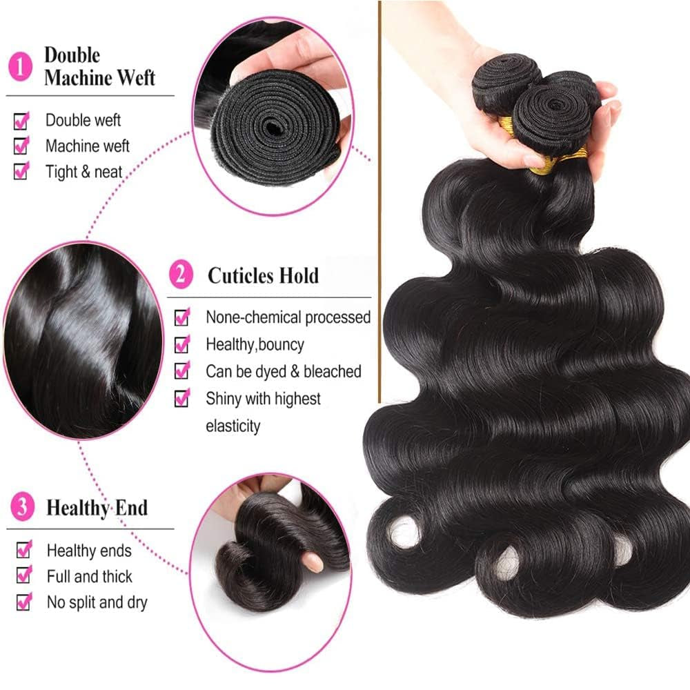 Human Hair Bundles Body Wave (20 22 24 26 Inch) 10A Human Hair 100% Unprocessed Brazilian Weave 4 Bundles Virgin Human Long Hair Natural Color Hair Extensions
